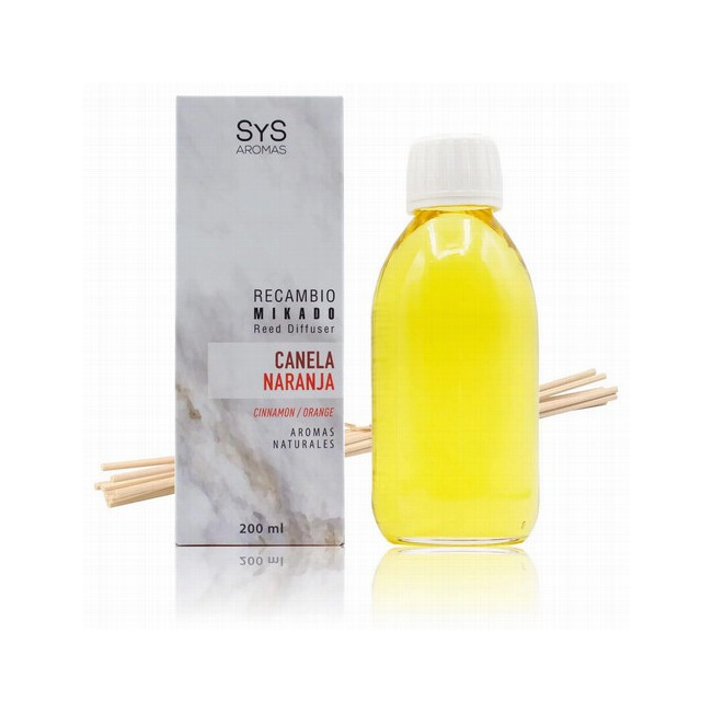 Nuestro Recambio Mikado Canela-Naranja 200 ml + Palos de la Colección Mármol de SYS Aromas combina la frescura de los cítricos 