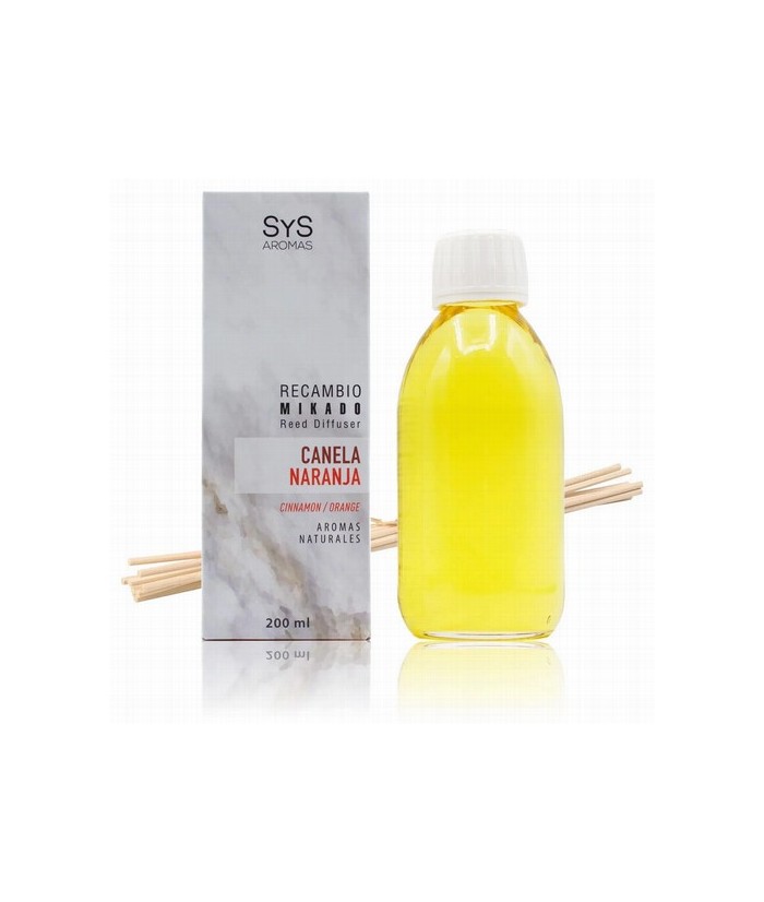 Nuestro Recambio Mikado Canela-Naranja 200 ml + Palos de la Colección Mármol de SYS Aromas combina la frescura de los cítricos 