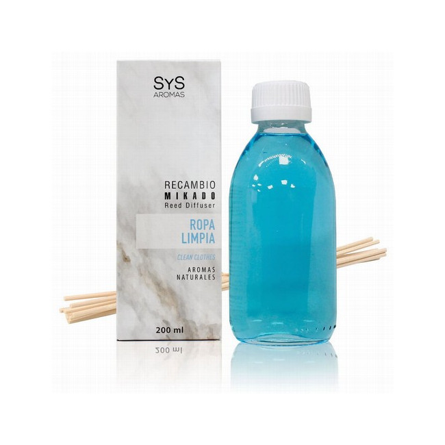 Nuestro Recambio Mikado Ropa Limpia 200 ml + Palos de la Colección Mármol de SYS Aromas llena cualquier estancia de una fraganc