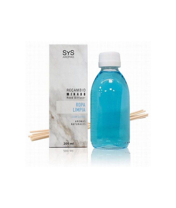 Nuestro Recambio Mikado Ropa Limpia 200 ml + Palos de la Colección Mármol de SYS Aromas llena cualquier estancia de una fraganc