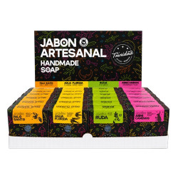 Caja expositora de 24 jabones faciales artesanales elaborados con base de glicerina y esencias aromáticas inspiradas en el bien