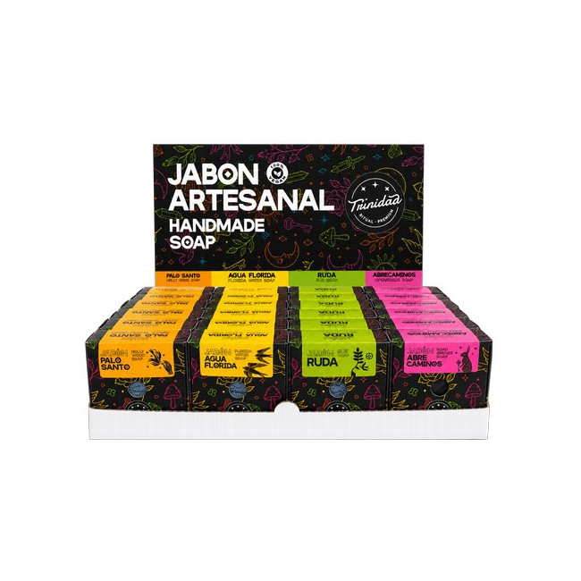 Caja expositora de 24 jabones faciales artesanales elaborados con base de glicerina y esencias aromáticas inspiradas en el bien