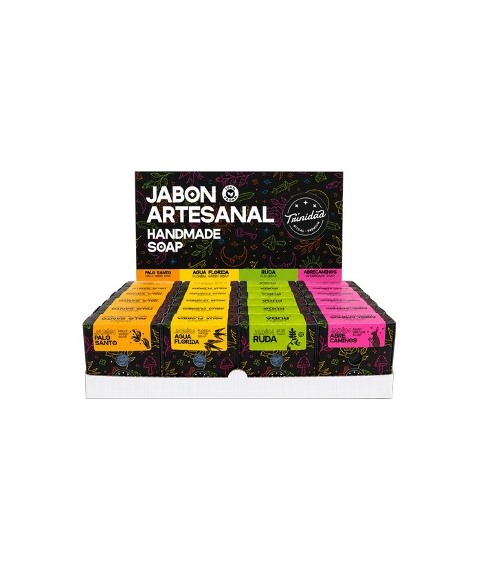 Caja expositora de 24 jabones faciales artesanales elaborados con base de glicerina y esencias aromáticas inspiradas en el bien