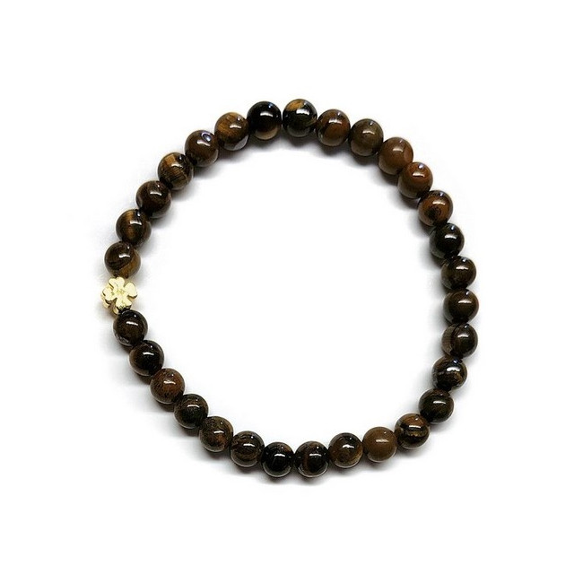 Pulsera de Ojo de Tigre (bolas de 6mm) con símbolo de trébol dorado.

En goma elástica.