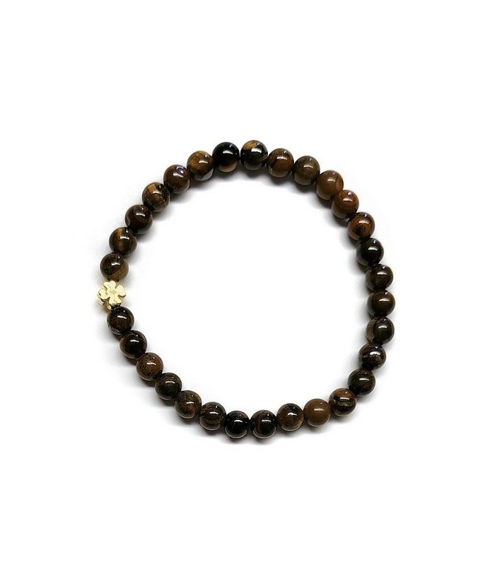 Pulsera de Ojo de Tigre (bolas de 6mm) con símbolo de trébol dorado.

En goma elástica.