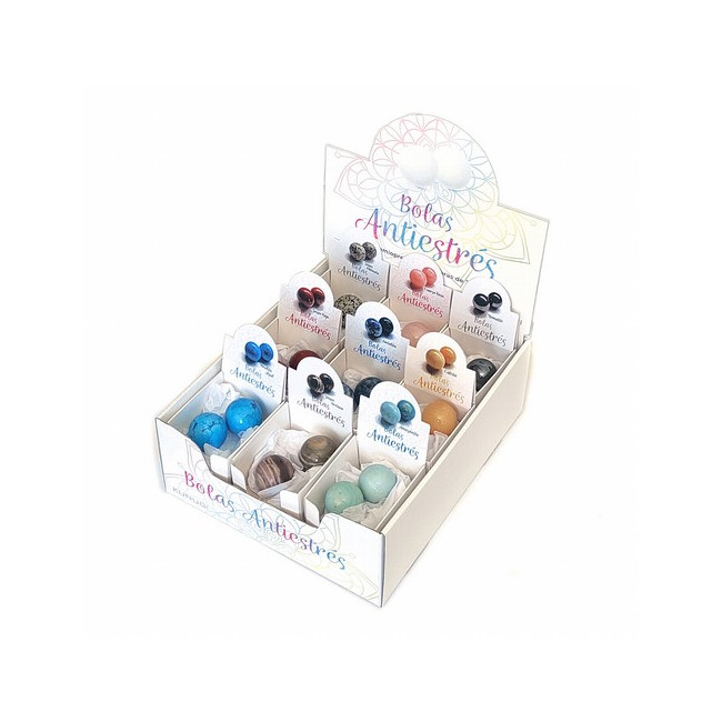 Caja con 2 pelotas antiestrés.

Las pelotas antiestrés minerales, al igual que las esferas chinas de Baoding, son esferas que