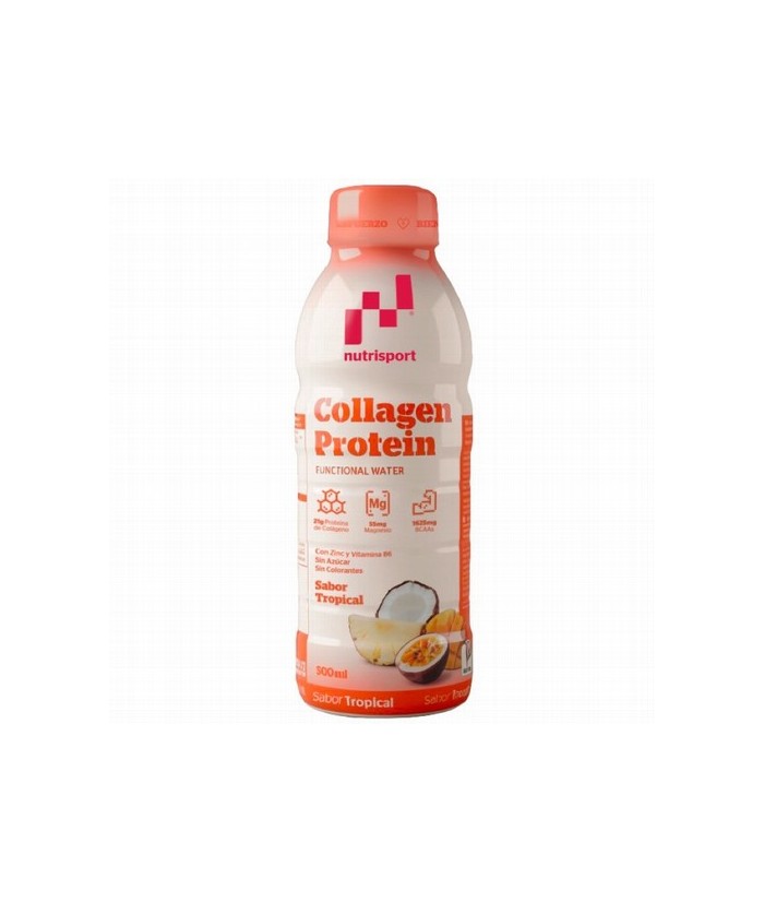 Protein Collagen Tropical 500 ml. de Nutrisport es una bebida refrescante con 21 g de colágeno hidrolizado, 20 g de proteínas y