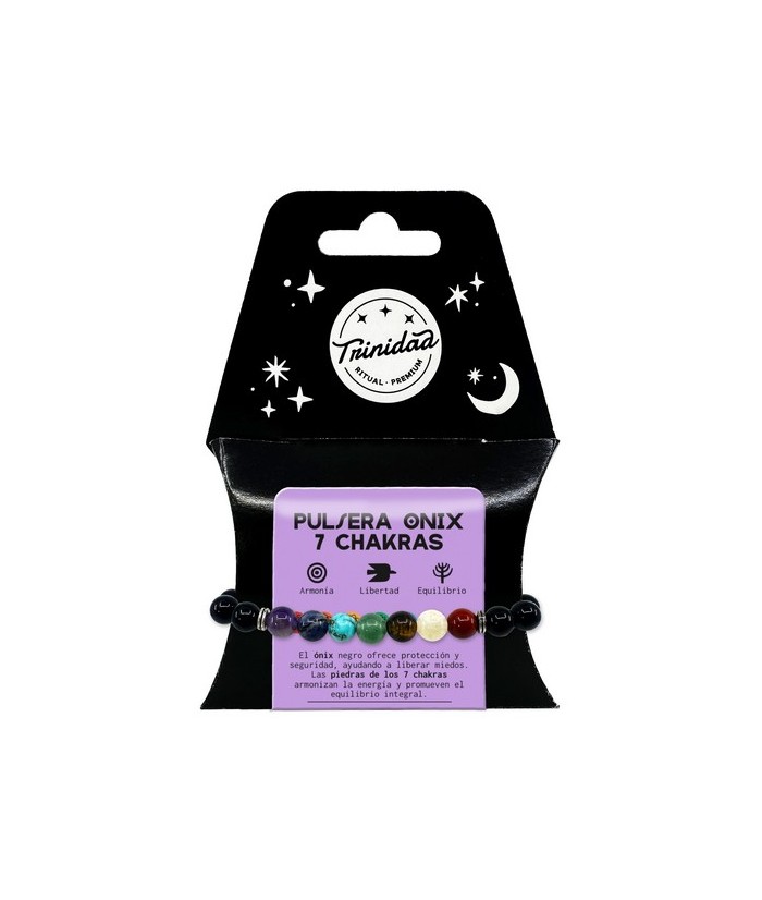 Descripción


Esta pulsera combina el ónix negro con una selección de piedras que representan los 7 chakras: jaspe rojo, cor