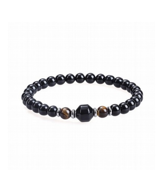 Pulsera de ojo de tigre y ónix negro, con cuentas de 8 mm y un estilo mineral y contrastante.
Esta pulsera combina ojo de tigr