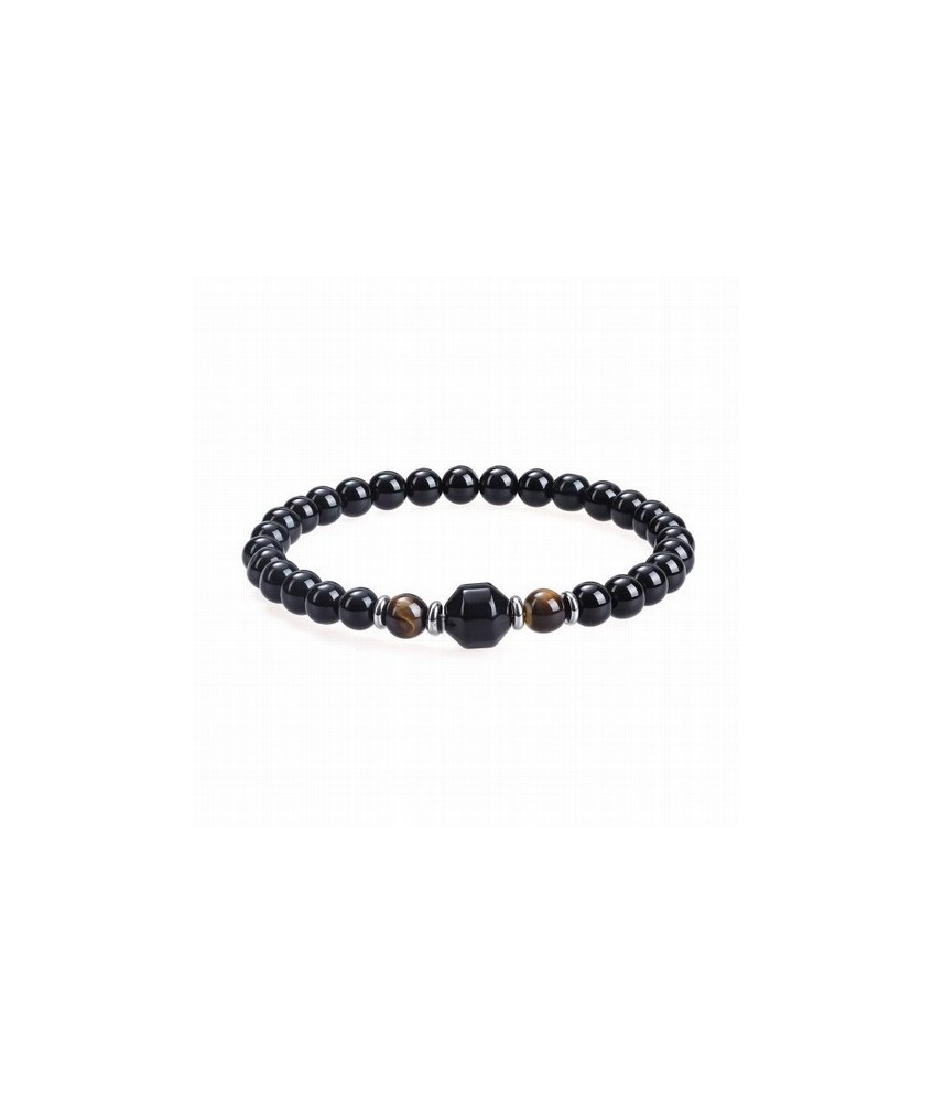 Pulsera de ojo de tigre y ónix negro, con cuentas de 8 mm y un estilo mineral y contrastante.
Esta pulsera combina ojo de tigr