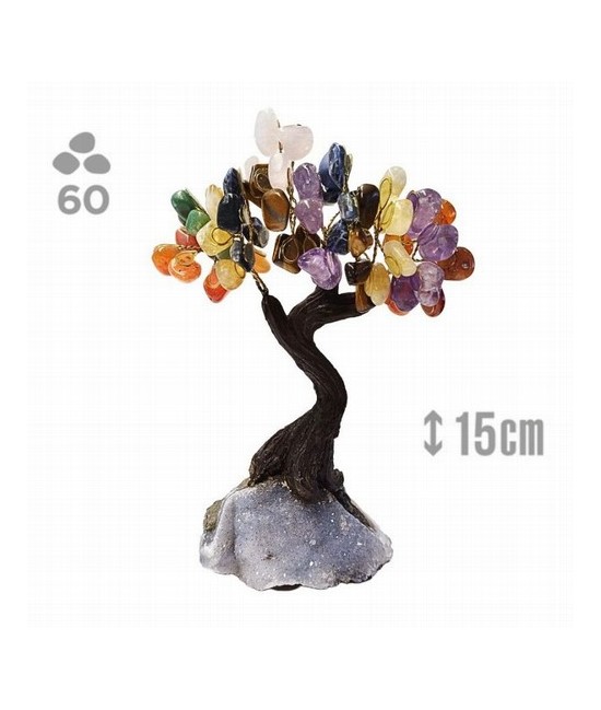Árbol compuesto de 60 piedras de los Chakras (de 1cm aprox).

Base de drusa de Amatista.

Medida: 15 cm de alto aprox.