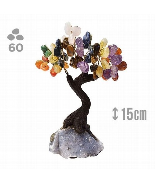 Árbol compuesto de 60 piedras de los Chakras (de 1cm aprox).

Base de drusa de Amatista.

Medida: 15 cm de alto aprox.