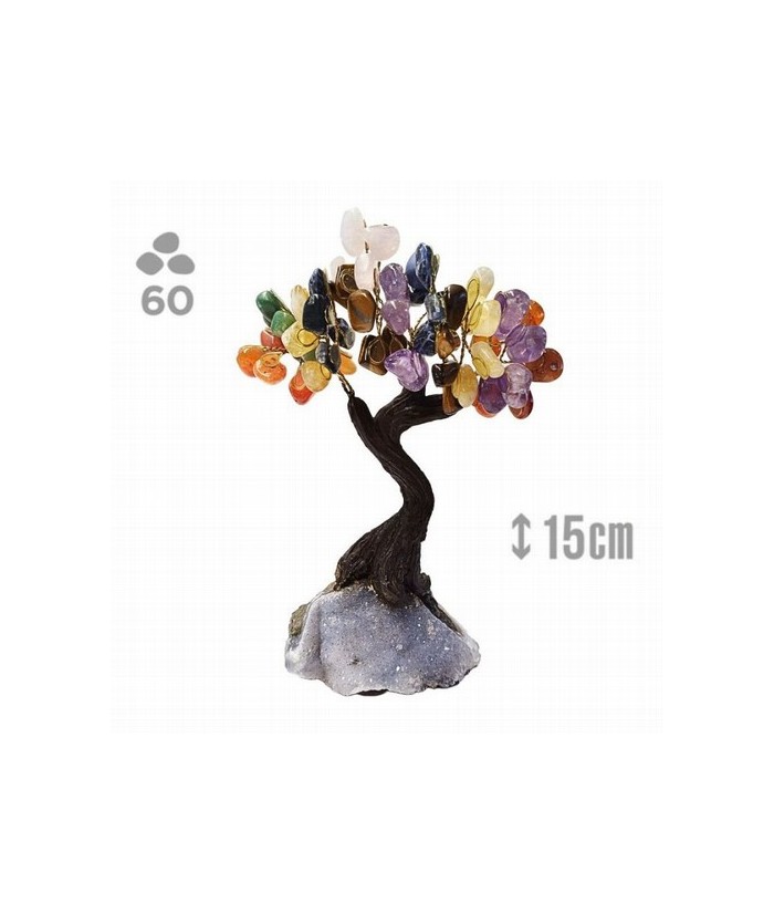 Árbol compuesto de 60 piedras de los Chakras (de 1cm aprox).

Base de drusa de Amatista.

Medida: 15 cm de alto aprox.