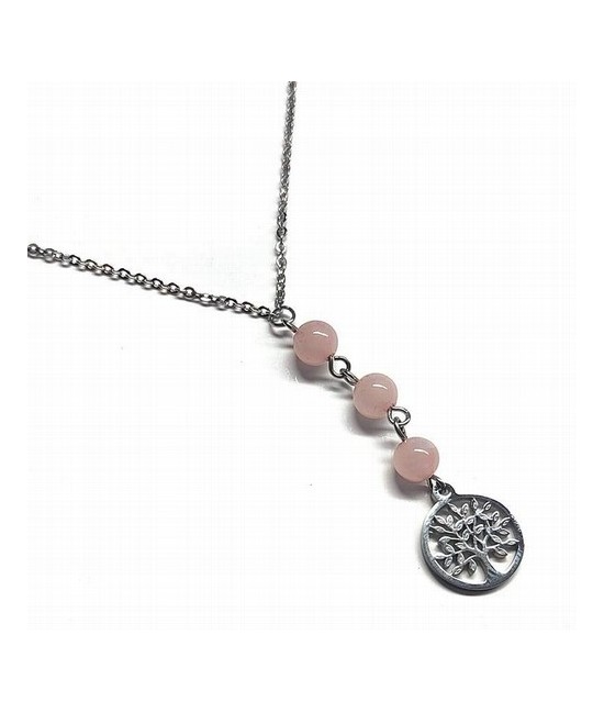 Collar de acero Árbol de la vida y 3 bolas de 6mm de Cuarzo Rosa.

Medidas: 25 cm largo aprox.