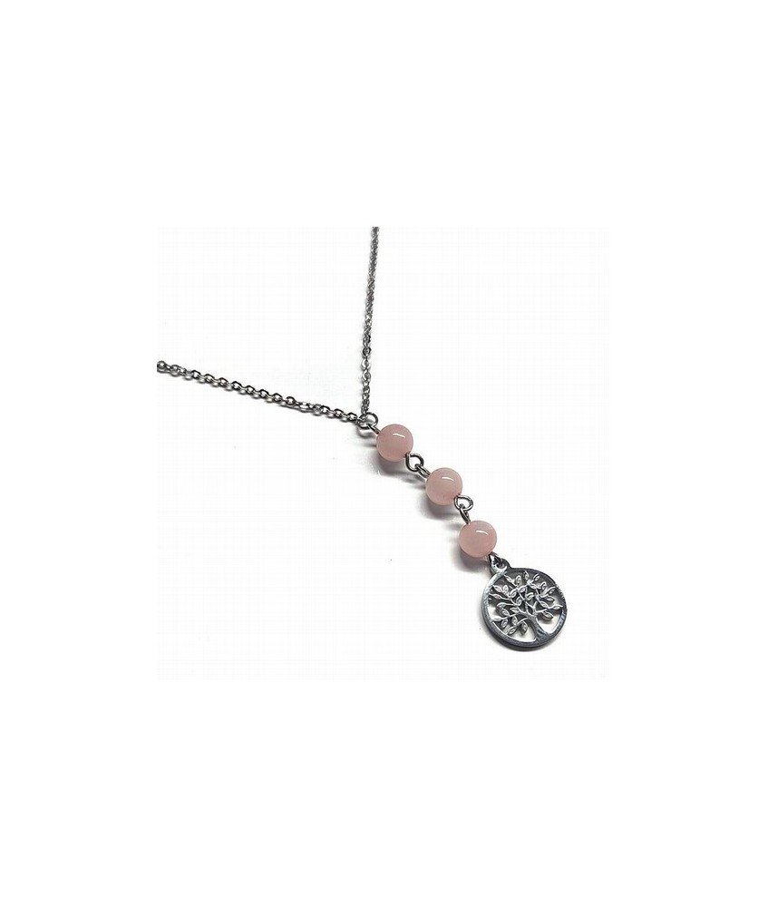 Collar de acero Árbol de la vida y 3 bolas de 6mm de Cuarzo Rosa.

Medidas: 25 cm largo aprox.