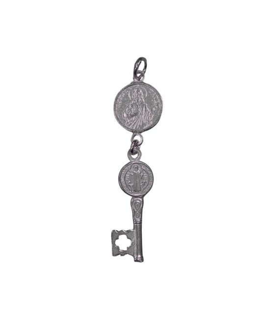 Amuleto Plata Llave San Benito y Judas Tadeo 4 cm - Doble Protección