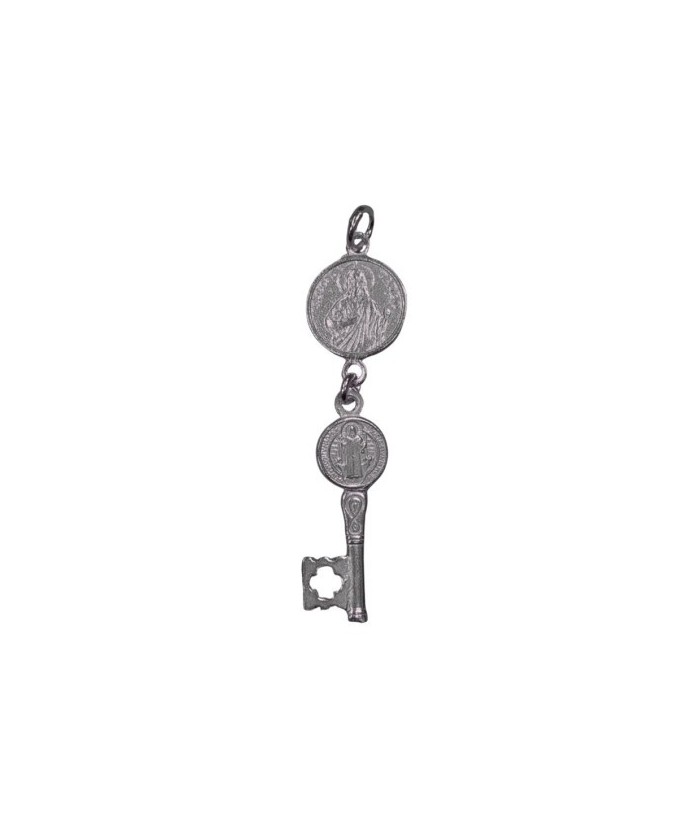 Amuleto Plata Llave San Benito y Judas Tadeo 4 cm - Doble Protección
