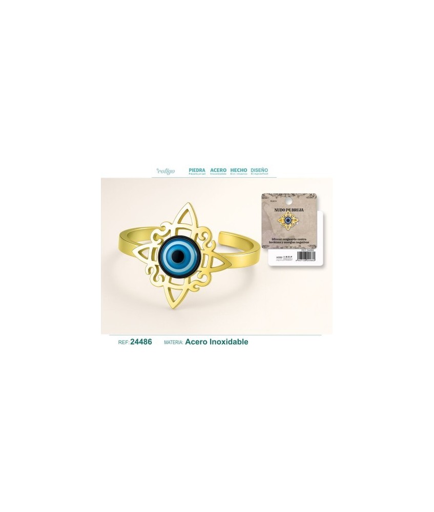 Anillo Nudo de Bruja con Ojo Turco Acero Dorado