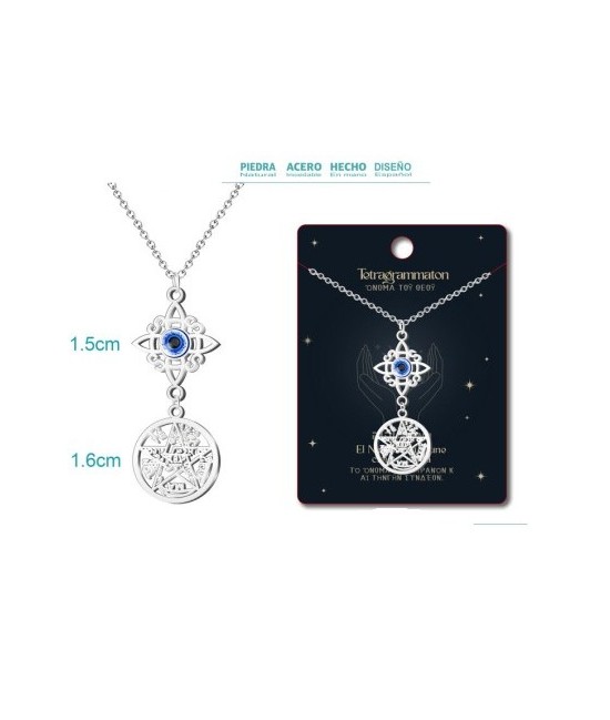 Colgante Tetragramaton y Nudo de Bruja con Ojo Turco - Doble Protección - Acero