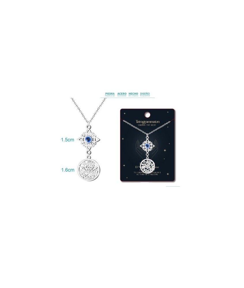 Colgante Tetragramaton y Nudo de Bruja con Ojo Turco - Doble Protección - Acero