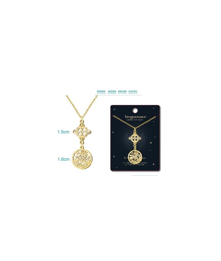 Colgante Tetragramaton y Nudo de Bruja - Doble proteccion - Acero Dorado