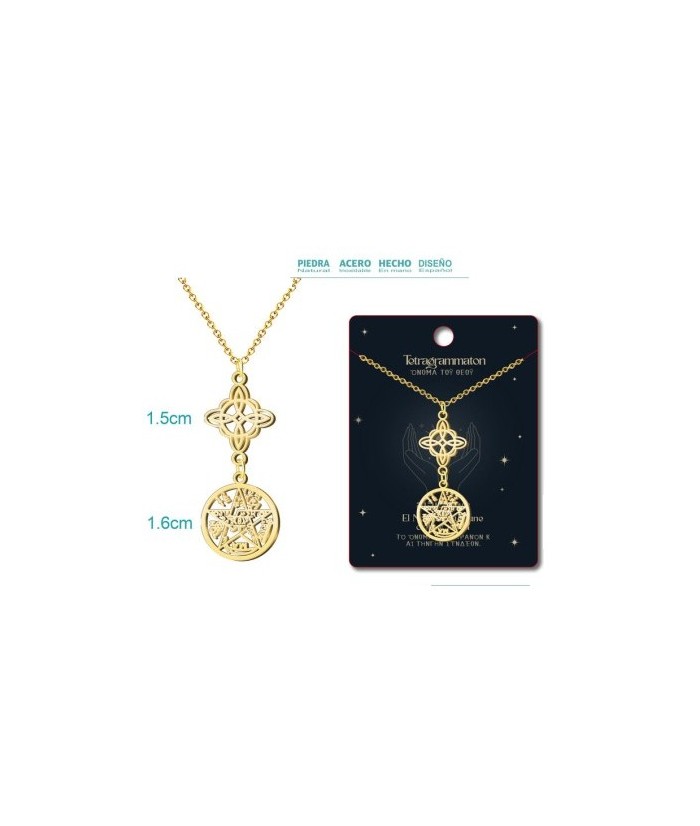 Colgante Tetragramaton y Nudo de Bruja - Doble proteccion - Acero Dorado