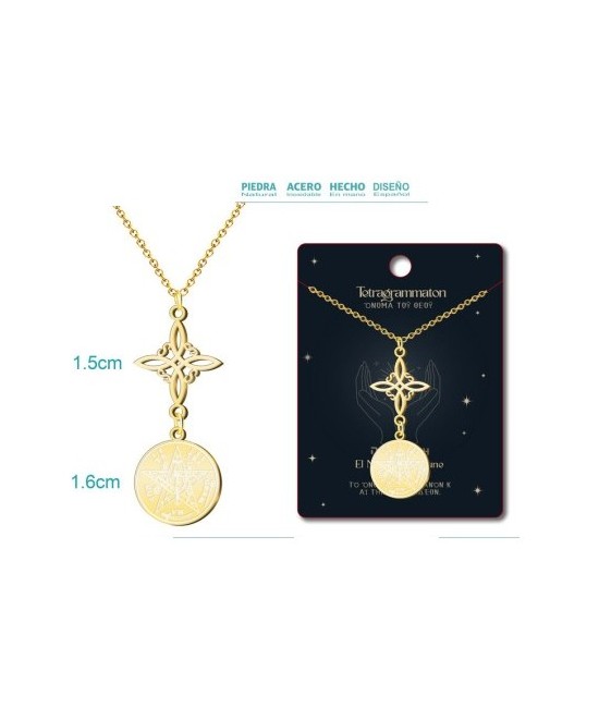 Colgante Tetragramaton y Nudo de Bruja - Doble Protección - Acero Dorado Grabado
