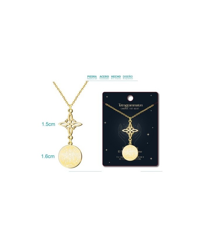 Colgante Tetragramaton y Nudo de Bruja - Doble Protección - Acero Dorado Grabado
