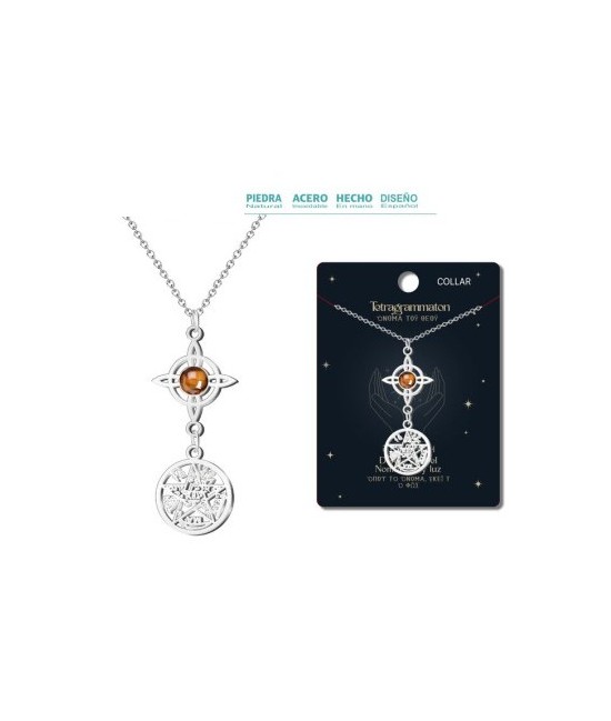 Colgante Tetragramaton y Nudo de Bruja con Ojo De Tigre - Doble Protección - Acero