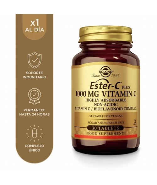 1000 mg por comprimido de vitamina C patentada no ácida, que permanece más tiempo en el organismo otras formas de vitamina C y 