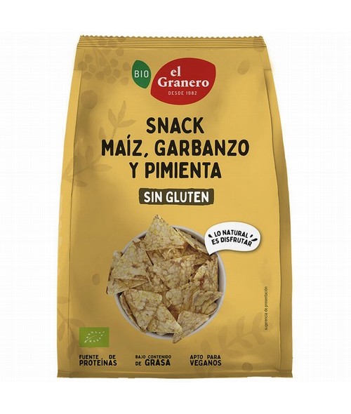 Snack ecológico crujiente elaborado a base de maíz y garbanzo, combinado con un toque de pimienta para aportar un sabor intenso