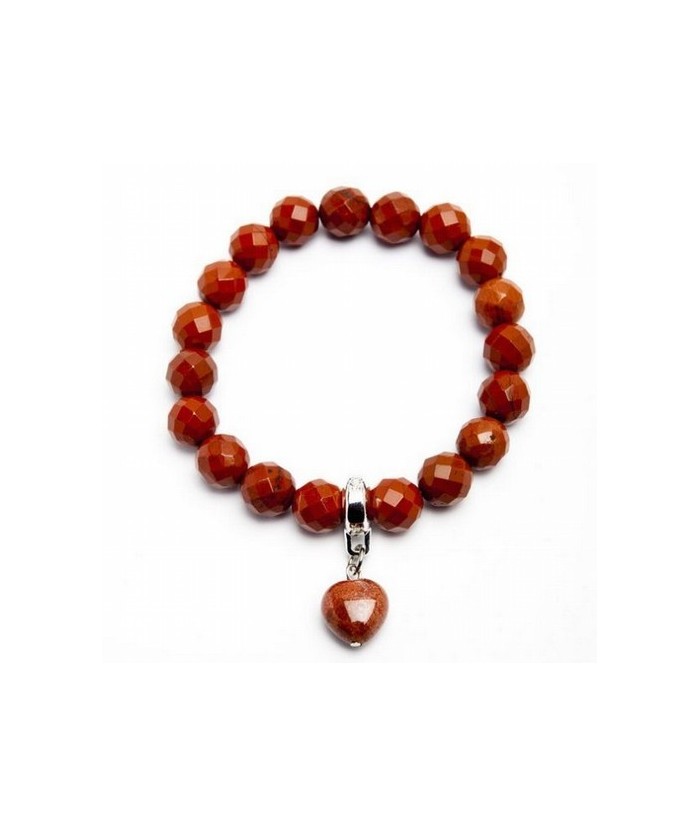 Pulsera Jaspe Rojo Bola 10mm Facetada con Colgante Corazón.