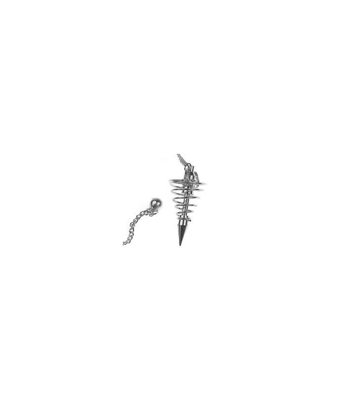 Péndulo de acero plateado forma espiral de 50 mm. aprox
Cadena de 200 mm. 
Presentado en estuche de cartón que contienes 4 ca