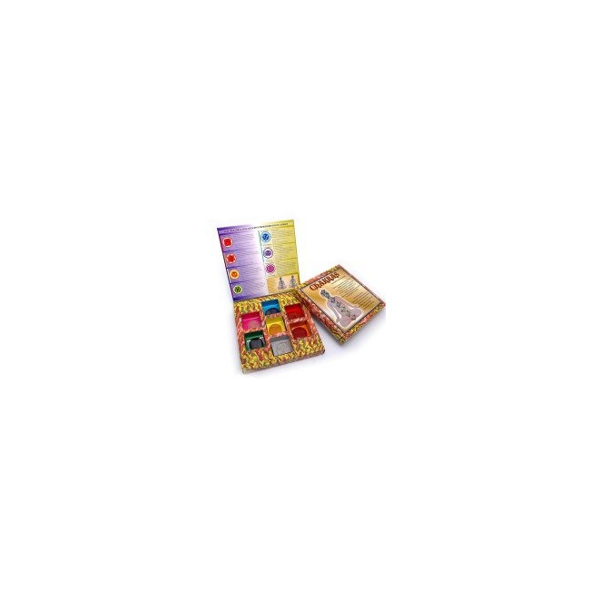 Set de los 7 chakras presentados en estuche de cartón con especificaciones de uso y significado.

Chakra significa "rueda" en