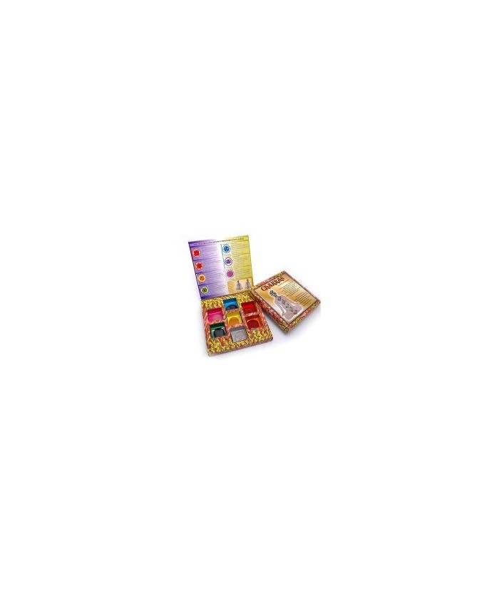 Set de los 7 chakras presentados en estuche de cartón con especificaciones de uso y significado.

Chakra significa "rueda" en