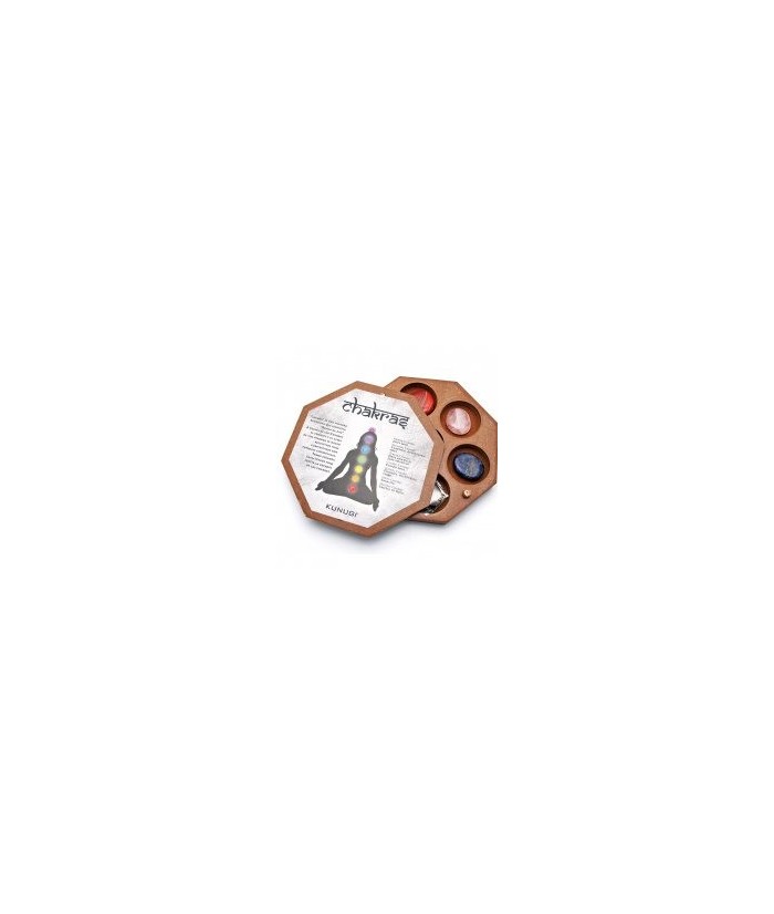 Set con los minerales de los 7 chakras presentados en exclusiva caja de madera y tarjetón explicativo.

Chakra significa "rue