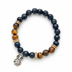 Pulsera de ojo de tigre y ojo de halcón en bola de 8 mm. con amuleto colgante metálico en forma de búho y detalles de circonita