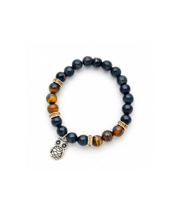 Pulsera de ojo de tigre y ojo de halcón en bola de 8 mm. con amuleto colgante metálico en forma de búho y detalles de circonita