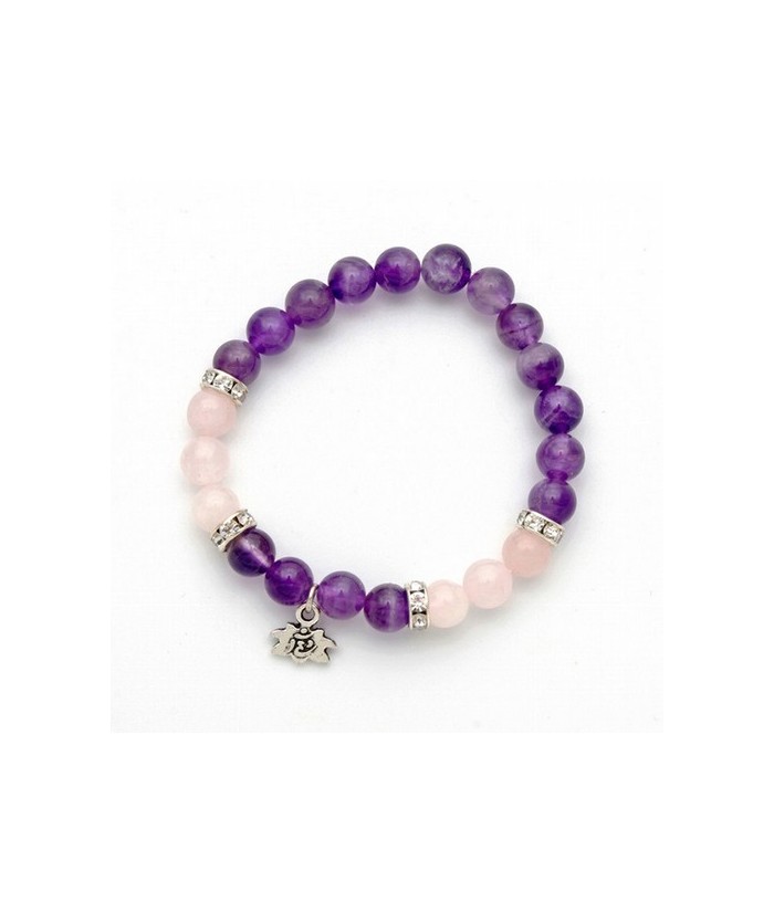 Pulsera de amatista y cuarzo rosa en bola de 8 mm. con amuleto colgante metálico en forma de flor de loto y detalles de circoni