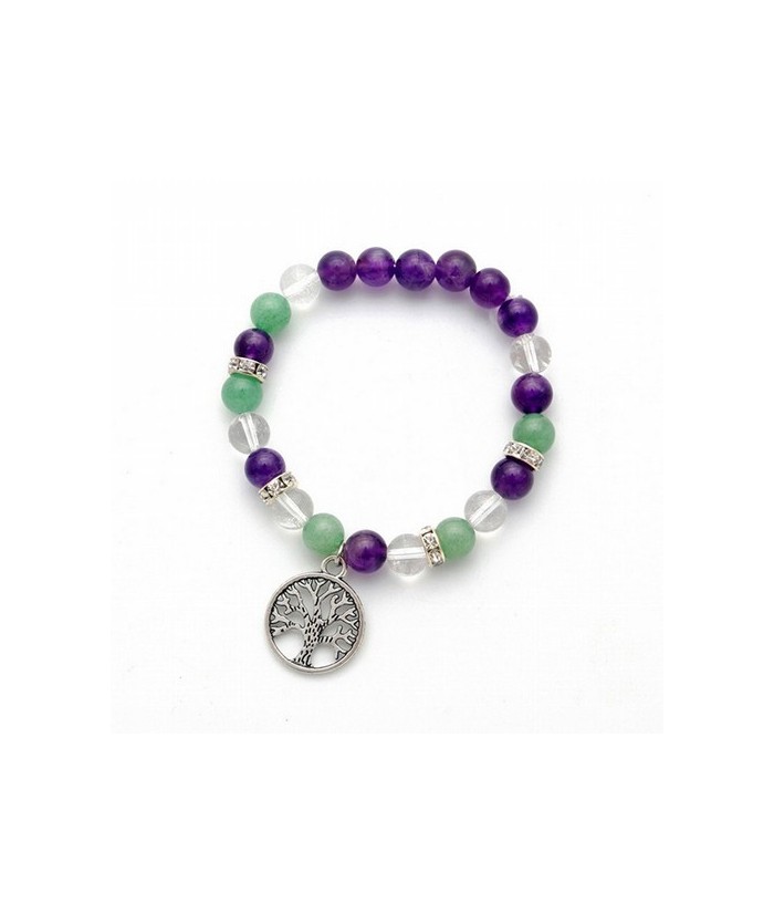 Pulsera de amatista, aventurina y cristal de roca en bola de 8 mm. con amuleto metálico colgante del árbol de la vida y detalle