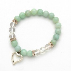 Pulsera de amazonita y cristal de roca en bola de 8 mm. con amuleto colgante metálico en forma de corazón y detalles de circoni