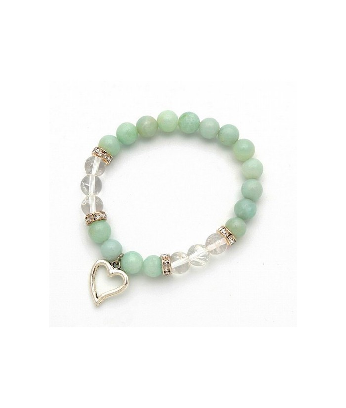 Pulsera de amazonita y cristal de roca en bola de 8 mm. con amuleto colgante metálico en forma de corazón y detalles de circoni