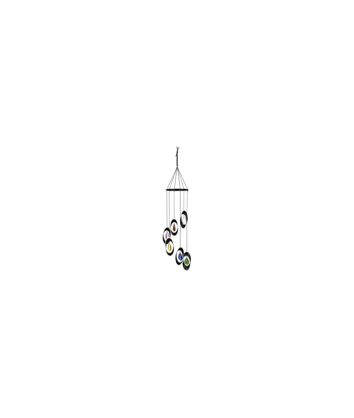 Altura total de 69 cm, 6 aros de aluminio negro, badajos de cristal de colores (transparente, ámbar, rosa, amarillo, verde y az