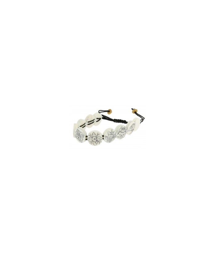Pulsera hueso blanco 8 símbolos auspiciosos
Cuentas redondas de hueso tallado
Made in : Nepal
Esta pulsera regulable lleva l